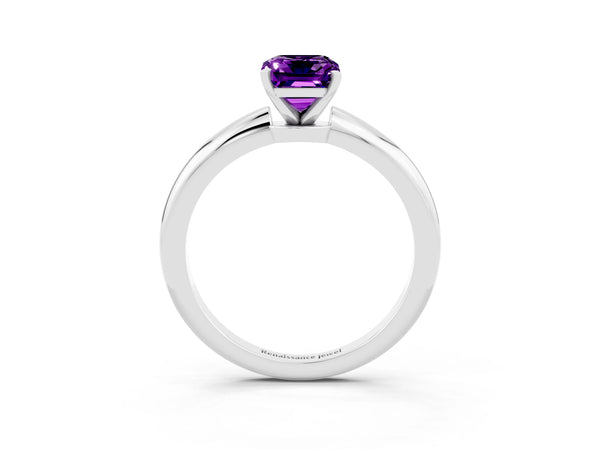White gold Emerald Cut Amethyst Solitaire Ring with Six-Prong Setting and Classic Band