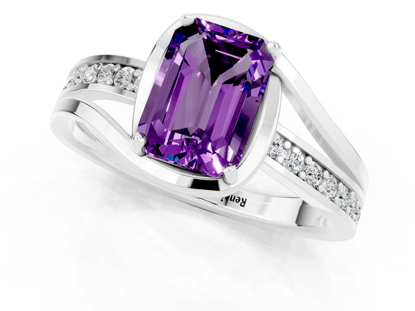 White gold Emerald Cut Amethyst Solitaire Ring with Split Shank and Prong Setting