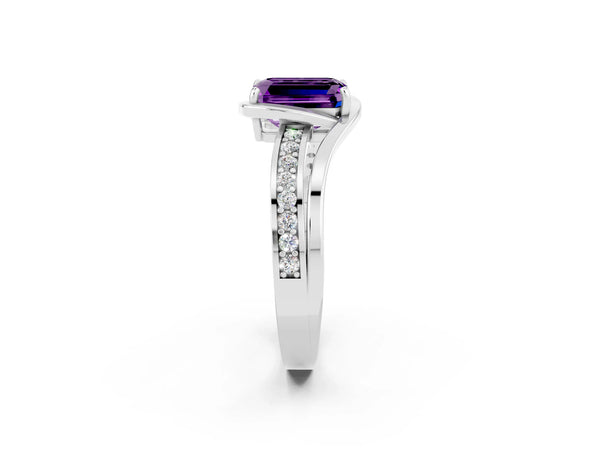Platinum Emerald Cut Amethyst Solitaire Ring with Split Shank and Prong Setting