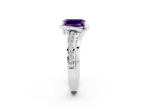 White gold Emerald Cut Amethyst Solitaire Ring with Split Shank and Prong Setting_2