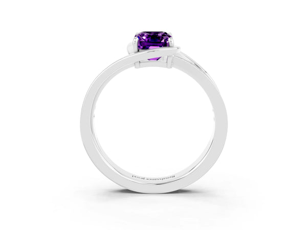 White gold Emerald Cut Amethyst Solitaire Ring with Split Shank and Prong Setting