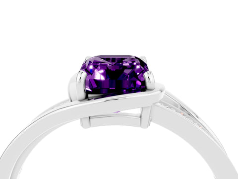White gold Emerald Cut Amethyst Solitaire Ring with Split Shank and Prong Setting_4