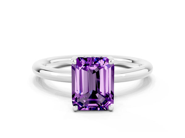 White gold Emerald Cut Amethyst Solitaire Ring with Thin Band and Four-Prong Setting