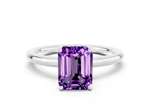 White gold Emerald Cut Amethyst Solitaire Ring with Thin Band and Four-Prong Setting_12
