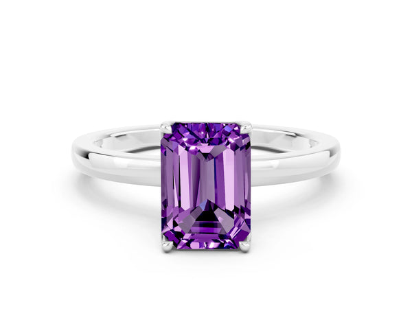 Platinum Emerald Cut Amethyst Solitaire Ring with Thin Band and Prong Setting