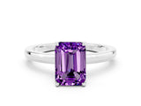 White gold Emerald Cut Amethyst Solitaire Ring with Thin Band and Prong Setting_12