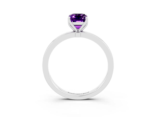 Platinum Emerald Cut Amethyst Solitaire Ring with Thin Band and Prong Setting