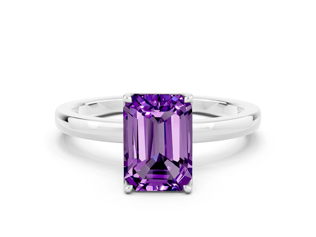 White gold Emerald Cut Amethyst Solitaire Ring with Thin Band and Prong Setting_36