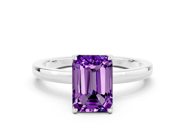 White gold Emerald Cut Amethyst Solitaire Ring with Thin Band and Prong Setting