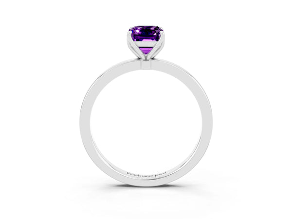 White gold Emerald Cut Amethyst Solitaire Ring with Thin Band and Prong Setting