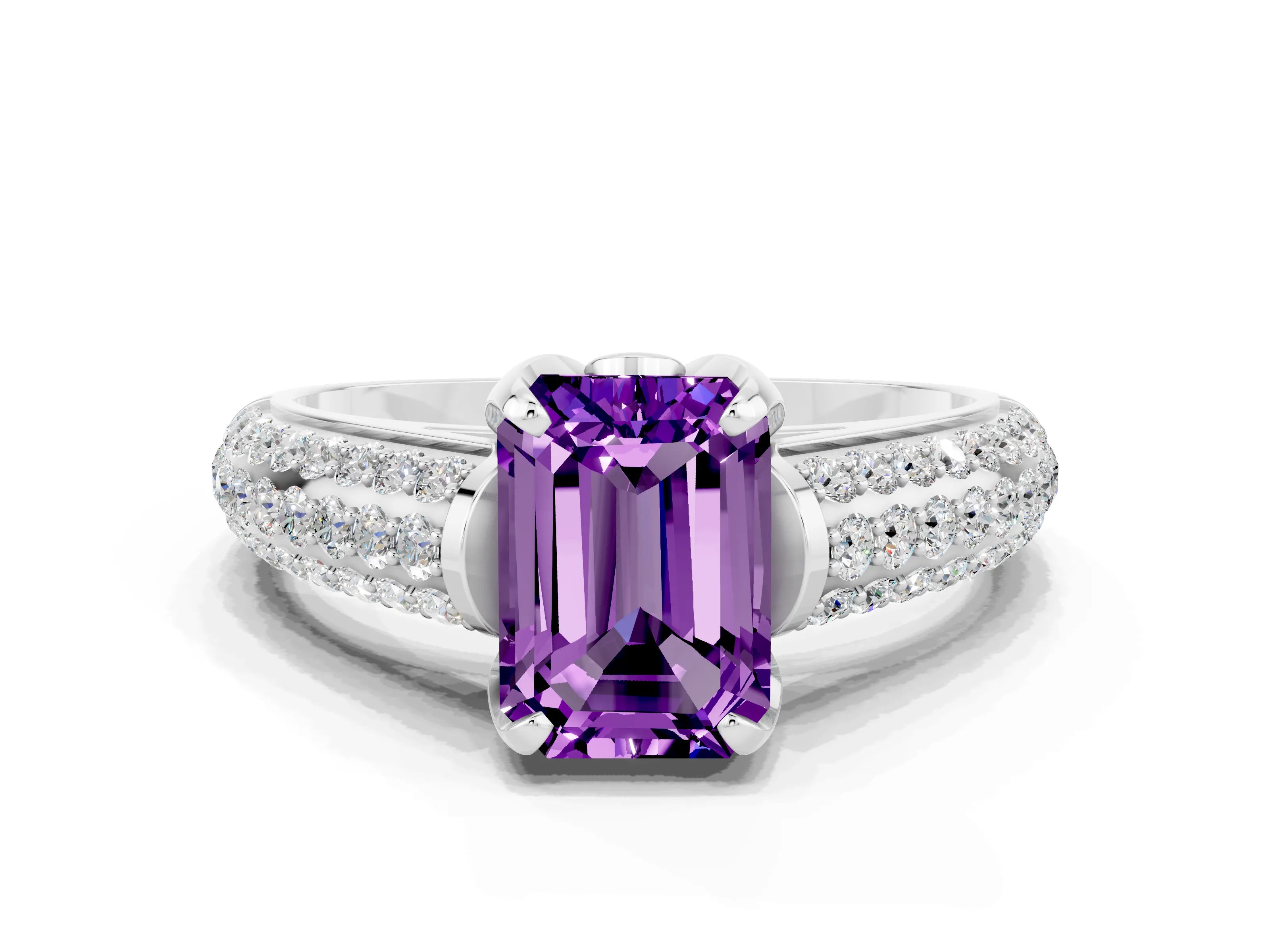 White gold Emerald Cut Amethyst Solitaire Ring with Three-Row Pavé Band and Four-Prong Setting_12