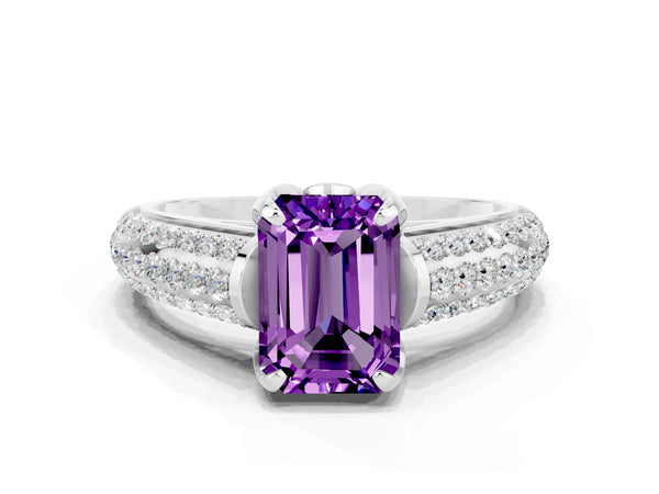 White gold Emerald Cut Amethyst Solitaire Ring with Three-Row Pavé Band and Four-Prong Setting