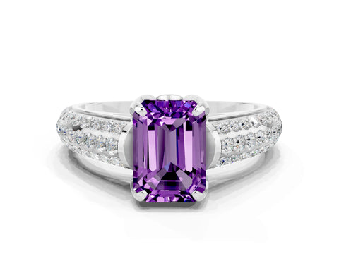 White gold Emerald Cut Amethyst Solitaire Ring with Three-Row Pavé Band and Four-Prong Setting_12