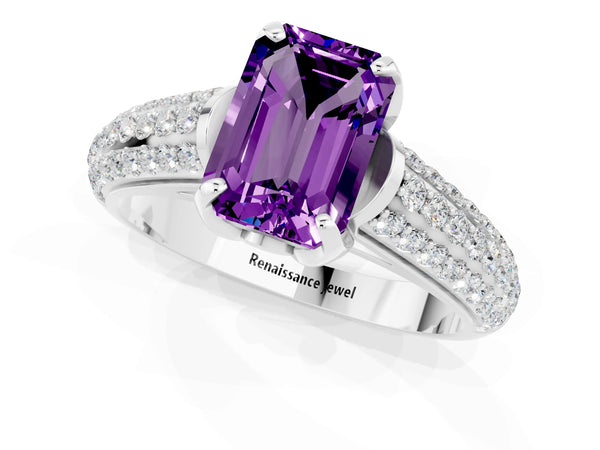 White gold Emerald Cut Amethyst Solitaire Ring with Three-Row Pavé Band and Four-Prong Setting