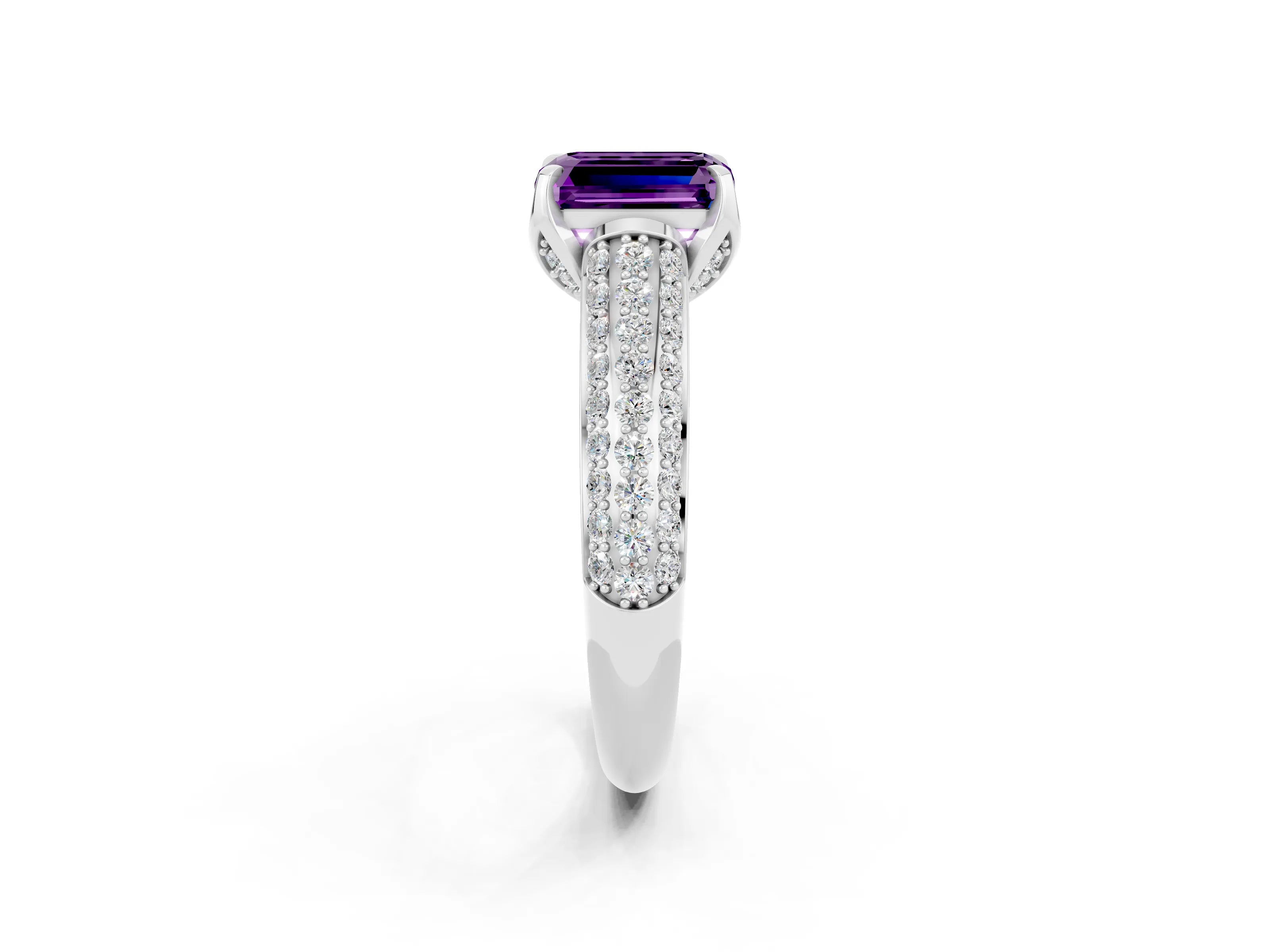 White gold Emerald Cut Amethyst Solitaire Ring with Three-Row Pavé Band and Four-Prong Setting_14