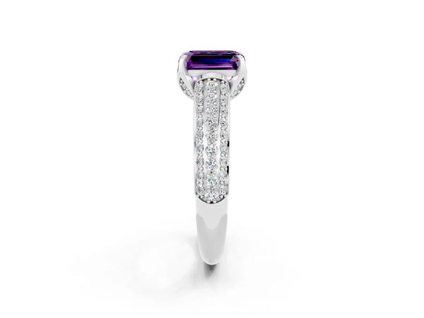 Platinum Emerald Cut Amethyst Solitaire Ring with Three-Row Pavé Band and Four-Prong Setting
