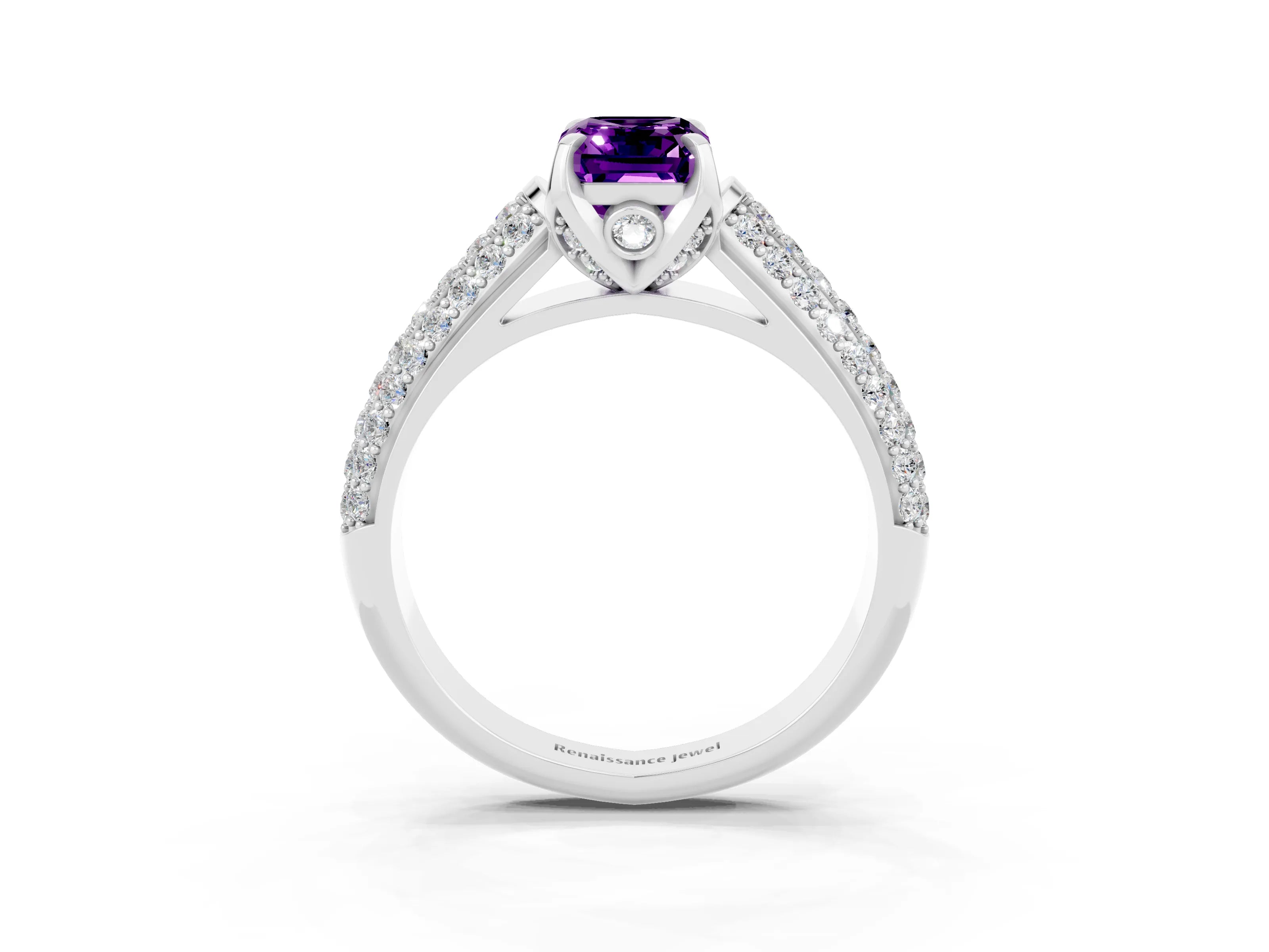 White gold Emerald Cut Amethyst Solitaire Ring with Three-Row Pavé Band and Four-Prong Setting_15