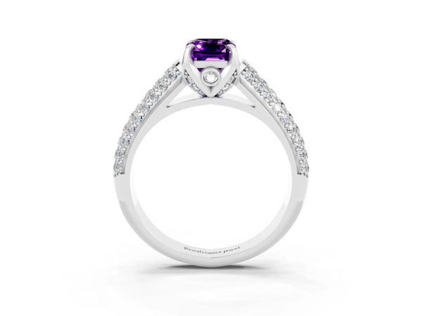 Silver Emerald Cut Amethyst Solitaire Ring with Three-Row Pavé Band and Four-Prong Setting