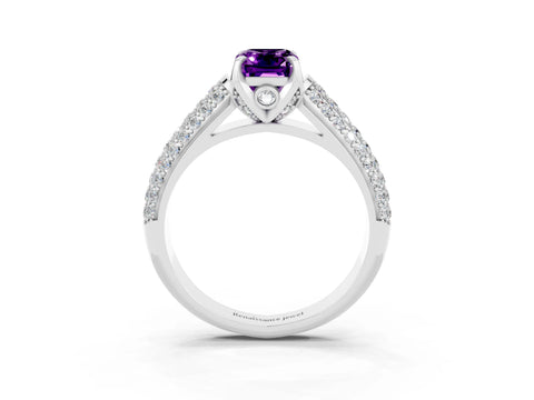 White gold Emerald Cut Amethyst Solitaire Ring with Three-Row Pavé Band and Four-Prong Setting_15