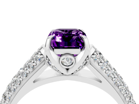 White gold Emerald Cut Amethyst Solitaire Ring with Three-Row Pavé Band and Four-Prong Setting_16