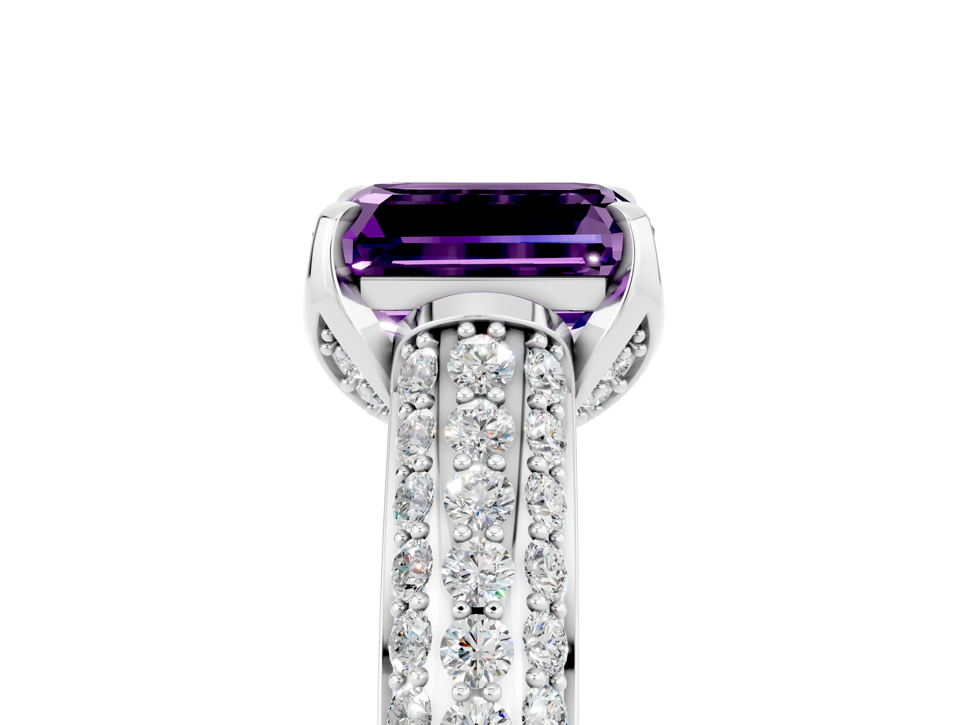 White gold Emerald Cut Amethyst Solitaire Ring with Three-Row Pavé Band and Four-Prong Setting_17