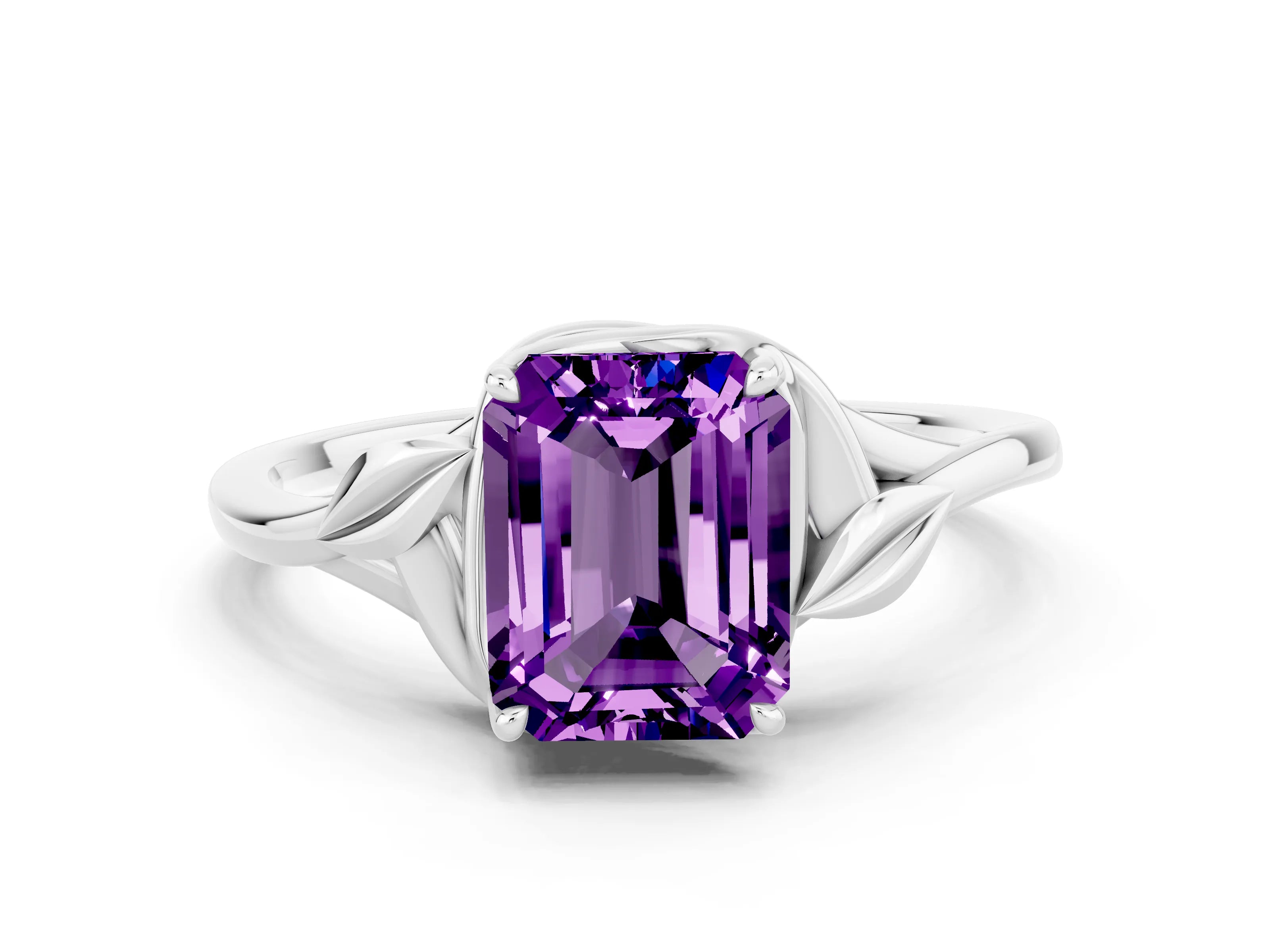 White gold Emerald Cut Amethyst Solitaire Ring with Twist Band and Four-Prong Setting_12