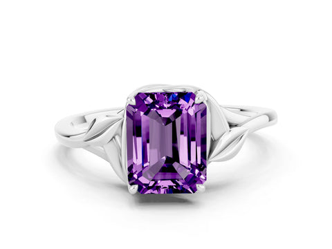 White gold Emerald Cut Amethyst Solitaire Ring with Twist Band and Four-Prong Setting_12