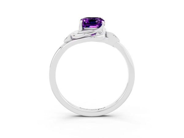 Platinum Emerald Cut Amethyst Solitaire Ring with Twist Band and Four-Prong Setting