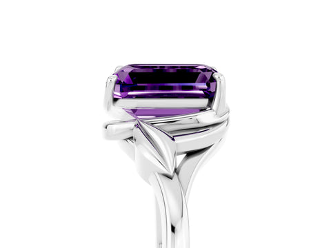 White gold Emerald Cut Amethyst Solitaire Ring with Twist Band and Four-Prong Setting_17