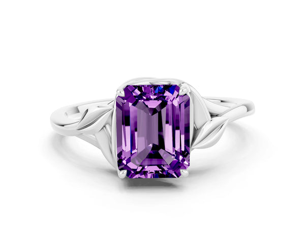 White gold Emerald Cut Amethyst Solitaire Ring with Twist Band and Four-Prong Setting
