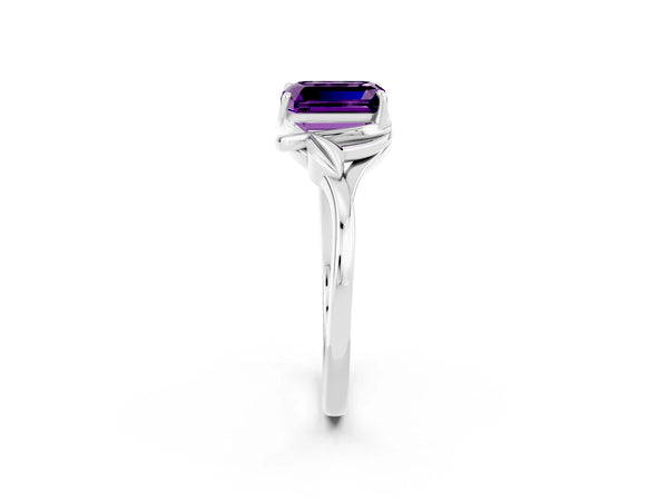 White gold Emerald Cut Amethyst Solitaire Ring with Twist Band and Four-Prong Setting