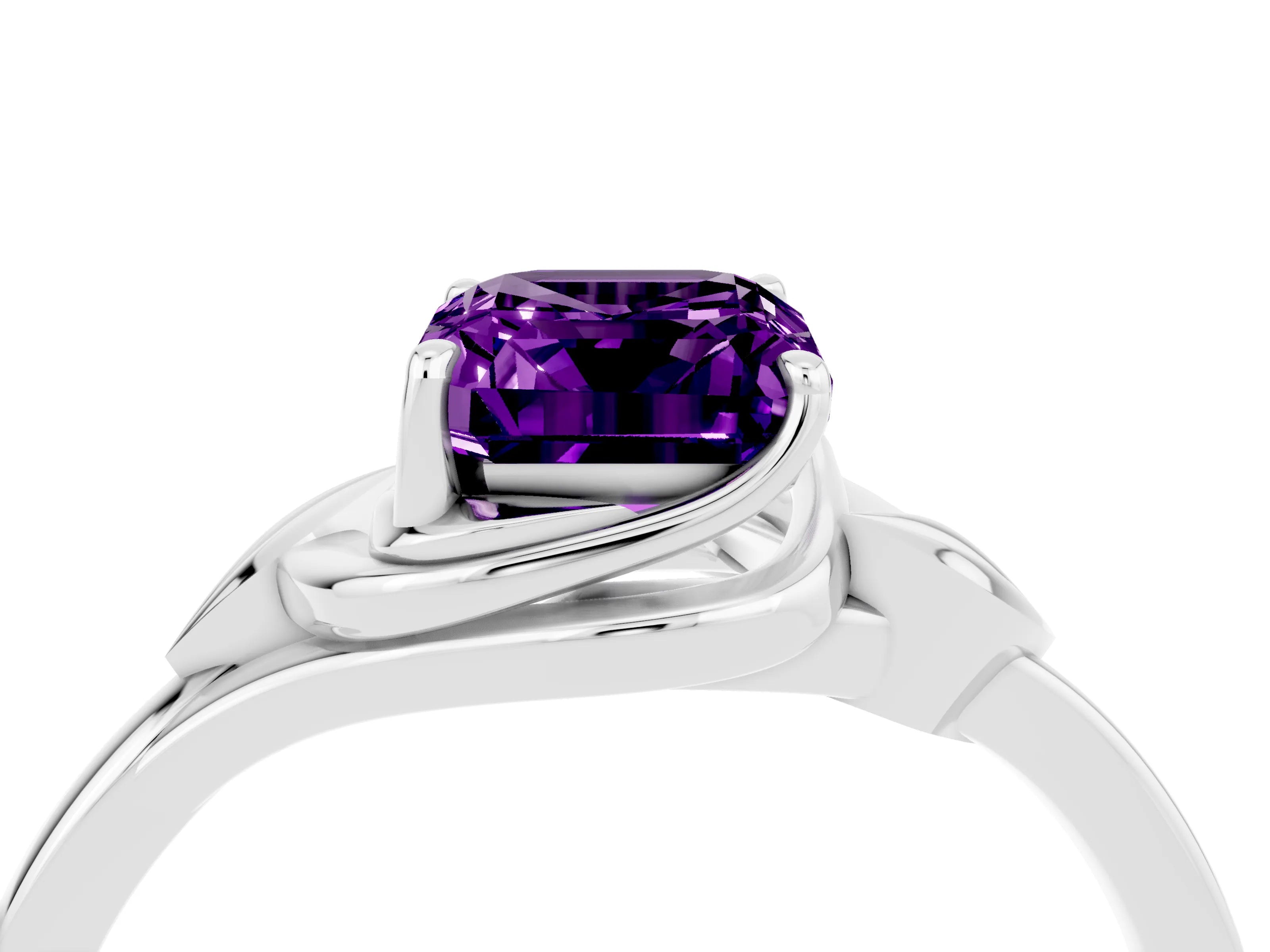 White gold Emerald Cut Amethyst Solitaire Ring with Twist Band and Four-Prong Setting_40