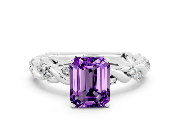 Platinum Emerald Cut Amethyst Solitaire Ring with Twisted Band and Pavé Accents