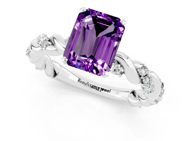 Platinum Emerald Cut Amethyst Solitaire Ring with Twisted Band and Pavé Accents