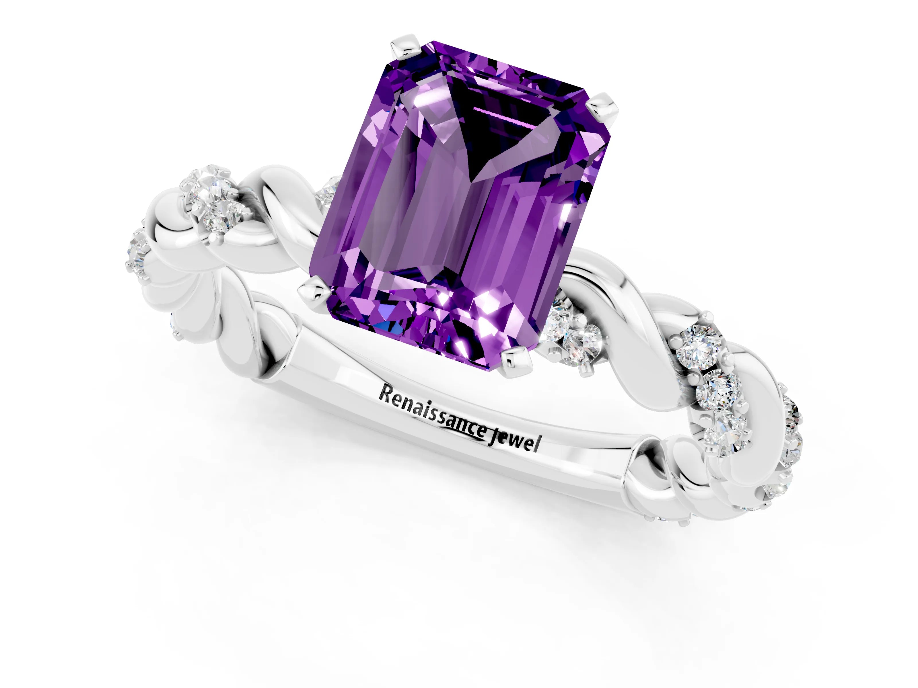 White gold Emerald Cut Amethyst Solitaire Ring with Twisted Band and Pavé Accents_1