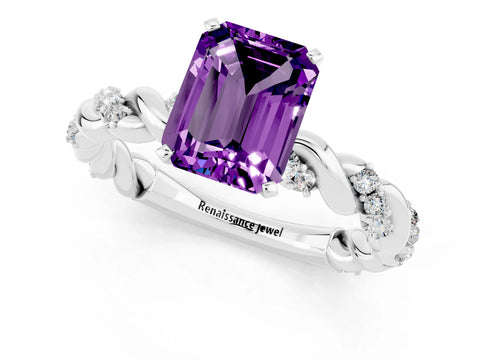 White gold Emerald Cut Amethyst Solitaire Ring with Twisted Band and Pavé Accents_1