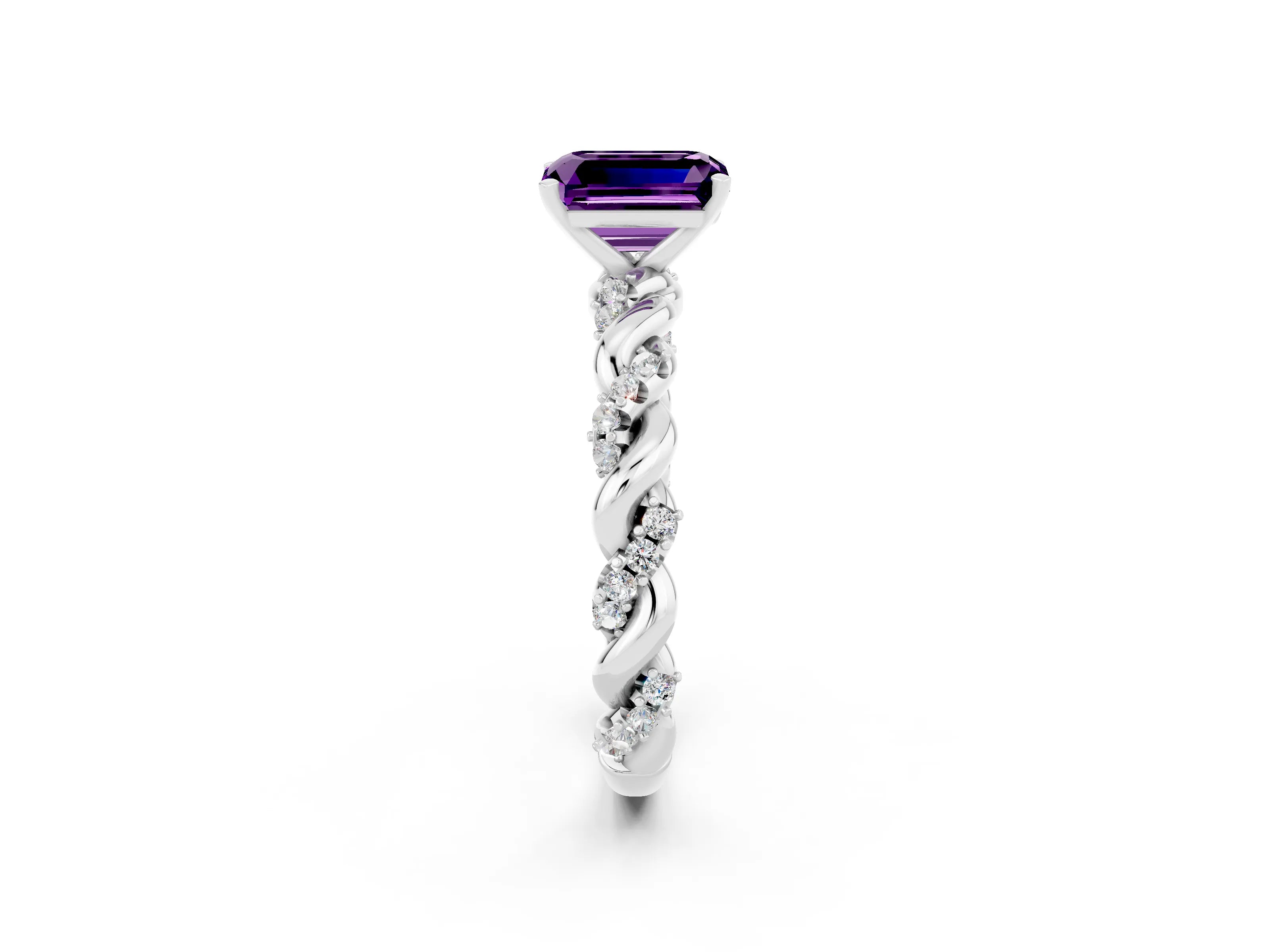 White gold Emerald Cut Amethyst Solitaire Ring with Twisted Band and Pavé Accents_2