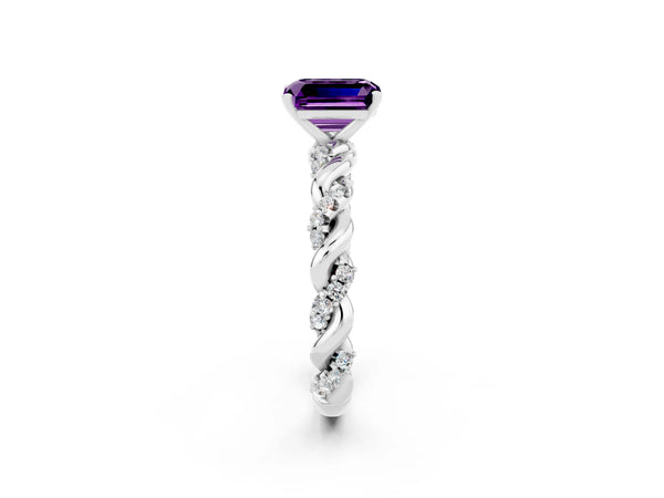 White gold Emerald Cut Amethyst Solitaire Ring with Twisted Band and Pavé Accents