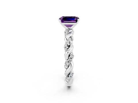 White gold Emerald Cut Amethyst Solitaire Ring with Twisted Band and Pavé Accents_2