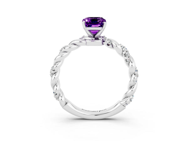 Platinum Emerald Cut Amethyst Solitaire Ring with Twisted Band and Pavé Accents