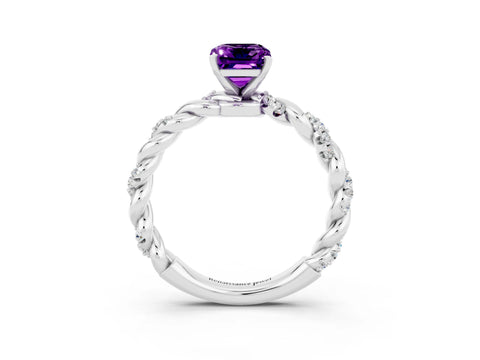 White gold Emerald Cut Amethyst Solitaire Ring with Twisted Band and Pavé Accents_3