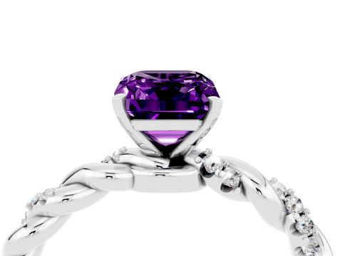 White gold Emerald Cut Amethyst Solitaire Ring with Twisted Band and Pavé Accents_4