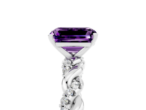 White gold Emerald Cut Amethyst Solitaire Ring with Twisted Band and Pavé Accents_5