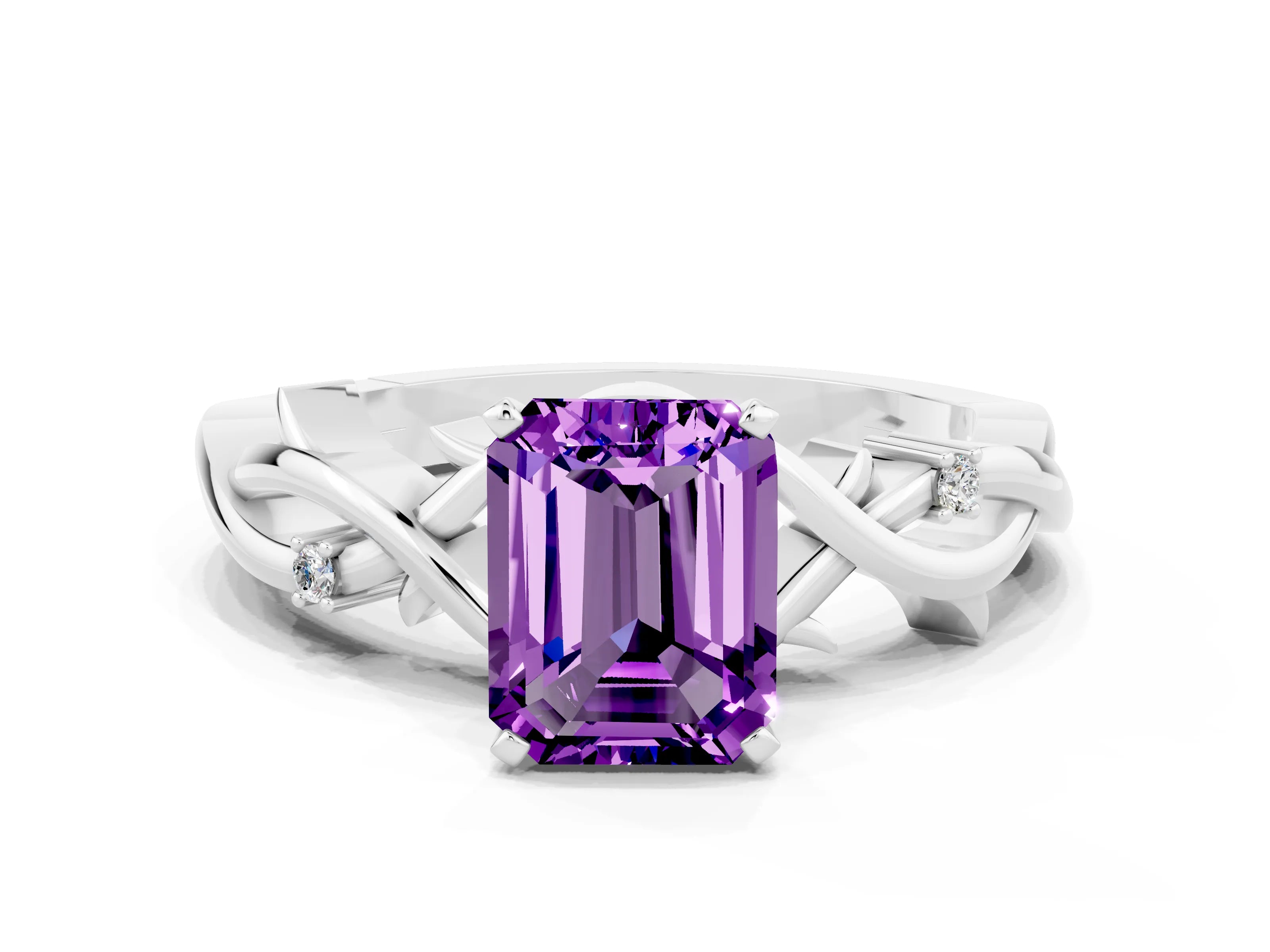 White gold Emerald Cut Amethyst Solitaire Ring with Twisted Band and Prong Setting_12
