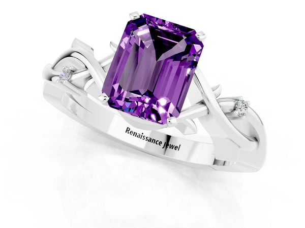 White gold Emerald Cut Amethyst Solitaire Ring with Twisted Band and Prong Setting