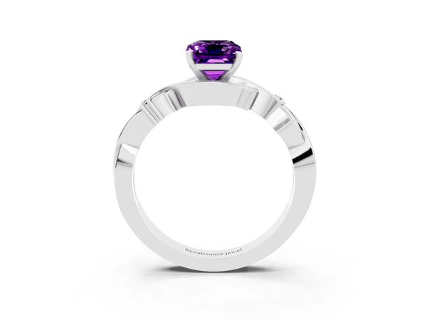 White gold Emerald Cut Amethyst Solitaire Ring with Twisted Band and Prong Setting