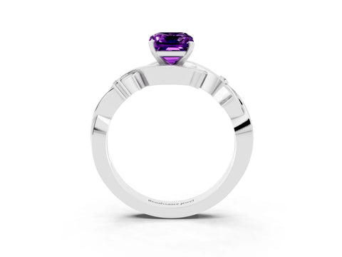 White gold Emerald Cut Amethyst Solitaire Ring with Twisted Band and Prong Setting_15