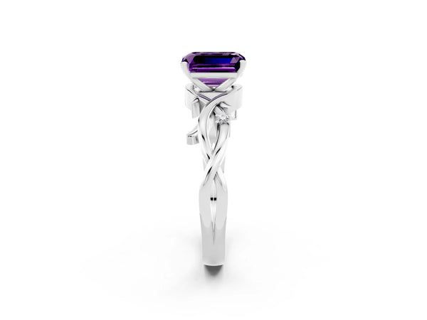 Silver Emerald Cut Amethyst Solitaire Ring with Twisted Band and Prong Setting
