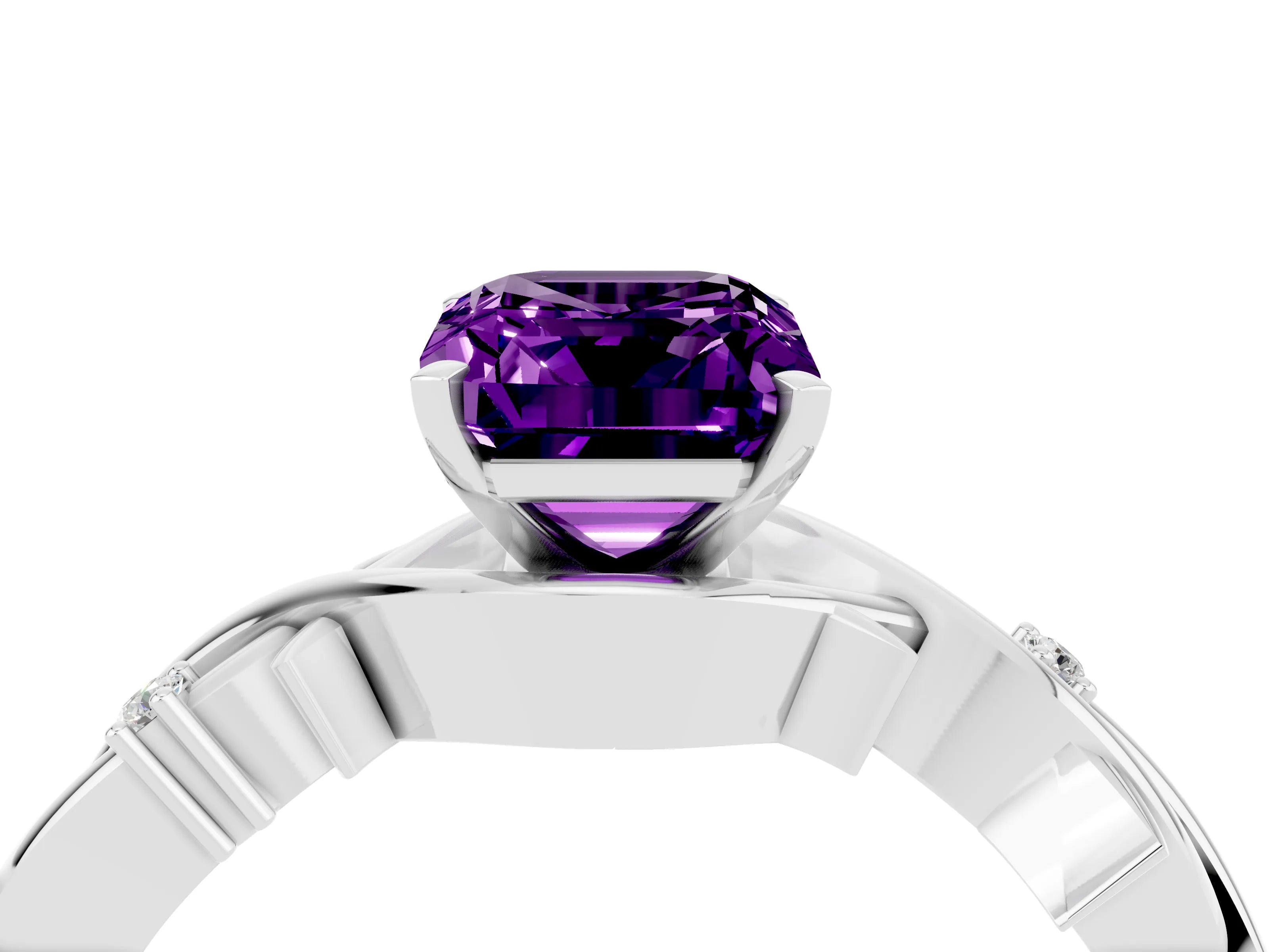 White gold Emerald Cut Amethyst Solitaire Ring with Twisted Band and Prong Setting_4