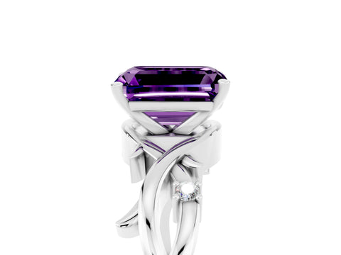 White gold Emerald Cut Amethyst Solitaire Ring with Twisted Band and Prong Setting_5